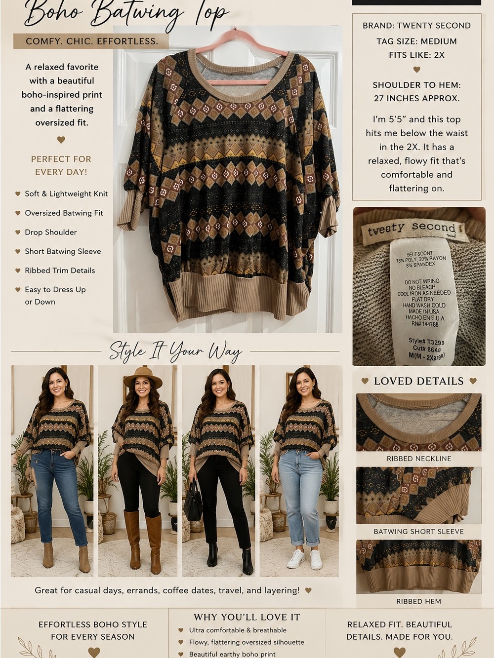 twenty second Black and Tan Geometric Boho Knit Top